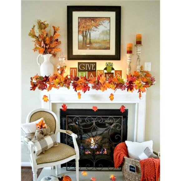 Fall Maple Leaf Garland Set Artificial Autumn Foliage Thanksgiving Home Decor - Picture 2 of 8